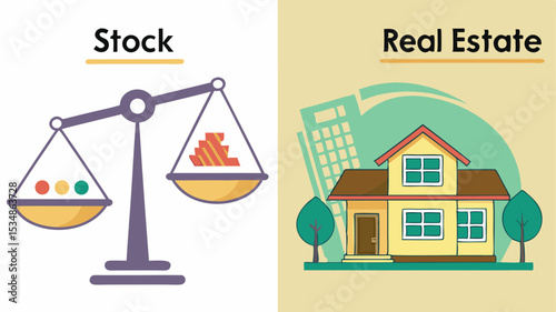 Visual comparison of stock market investment with real estate investment using a balance scale and house graphic