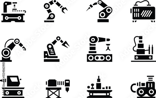 Set of illustrated industrial robot icons representing modern automation and technology