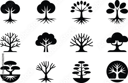 Collection of stylized black and white tree icons representing nature and growth in various styles.