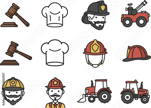 Vector icons of professions and vehicles firefighter chef judge tractor occupations clip art illustration 1 editable stock vector illustration