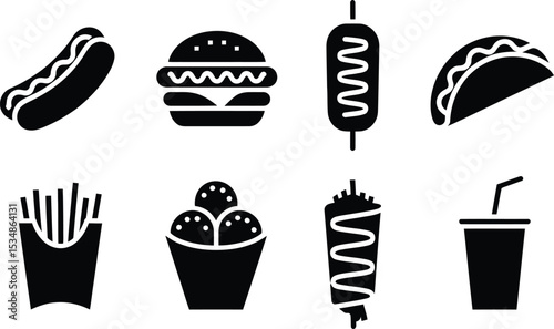 Vector icons representing various common fast food menu items in simple black and white