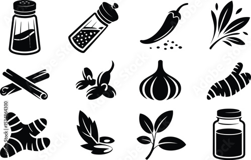 Monochrome vector illustration of spices and herbs for culinary and cooking purposes