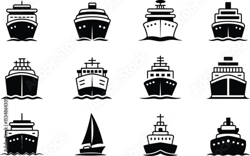 Set of black and white illustrations depicting various ships and sailboat silhouettes