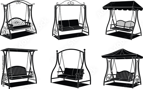 Six different garden swing designs in black and white vector illustration for outdoor decoration
