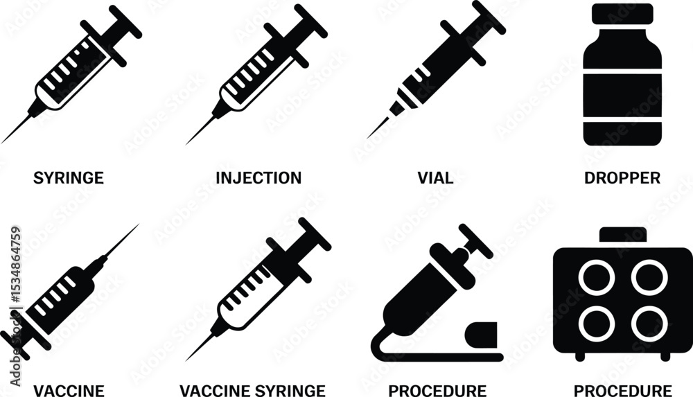 Fototapeta premium Collection of vector illustrations featuring medical syringes vaccine procedures and associated equipment