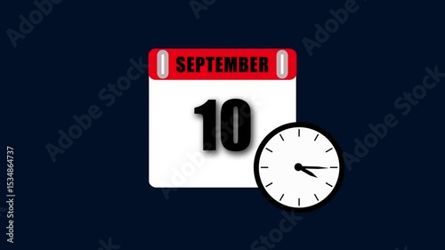 Calendar and clock animation illustrating september tenth against a blue background