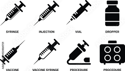 Collection of vector illustrations featuring medical syringes vaccine procedures and associated equipment