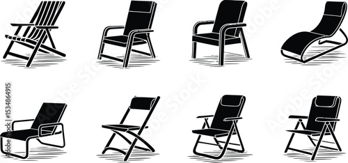 Diverse collection of black and white outdoor chairs in various designs and styles