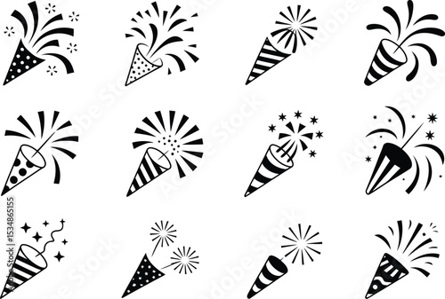 Collection of festive black and white party crackers exploding with confetti and stars