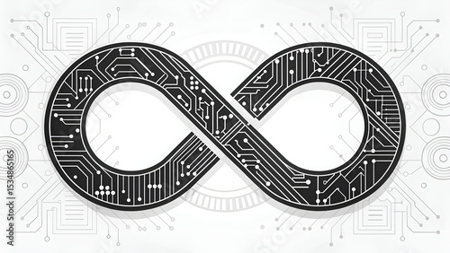 A minimal tech background with a black and gray abstract infinity loop made from micro-thin circuit lines on a white background. Represents continuous learning, AI feedback loops, or endless innovatio