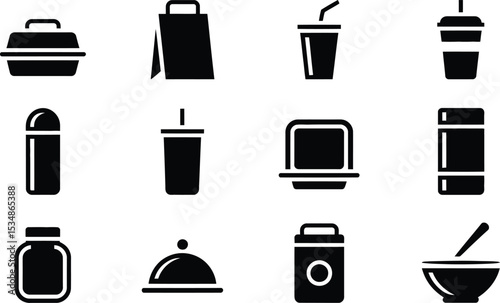 Vector icon set featuring takeaway food drinks and packaging elements black and white style