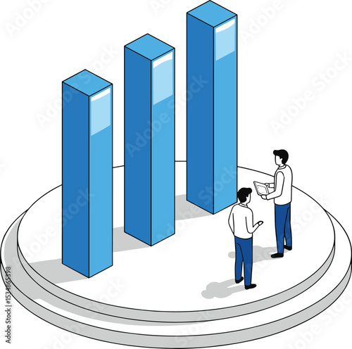 Isometric bar chart presentation, business data visualization, two people analyzing statistics, financial growth graph, 3D infographic concept, digital report review

 flat vector illustration