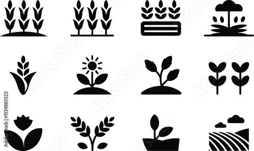 Simple black and white agriculture farming and harvest crop icon set on white background