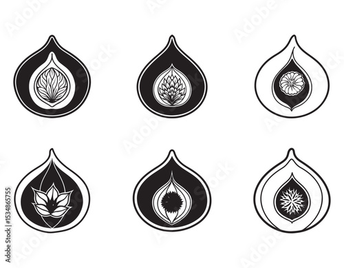 set of vector icons of fruits a fig tree flower icon hidden inside the fruit