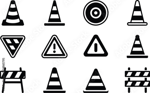 Collection of black and white road construction and safety icons for various applications