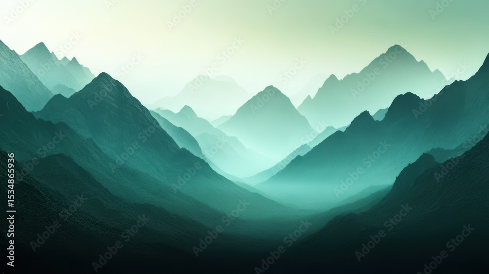 Obraz premium A panoramic view of an empty mountain valley cloaked in morning mist, layers of peaks fading into the distance
