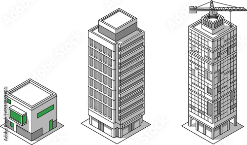 Isometric building growth illustration, construction progress stages, small store to skyscraper, city development concept, urban architecture, 3D vector drawing,  flat vector illustration
