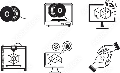 Illustration of d printing process with filament design software and hands holding gear icon set vector editable stock vector illustration