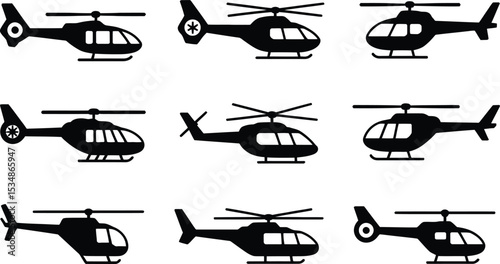 Black silhouette collection of various helicopter styles and designs on white background