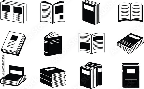 Black and white vector illustrations of various books and newspaper icons on white