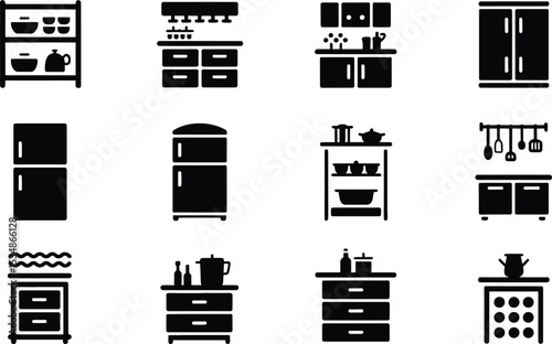 Set of kitchen appliances and utensils black icon graphic illustration design elements