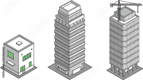 Isometric construction growth stages, building development progress, from small house to high-rise tower, urban architecture concept, 3D vector city illustration

 flat vector illustration