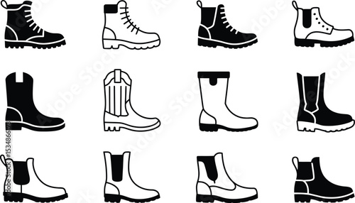 Collection of various detailed boots in monochrome vector style for footwear designs