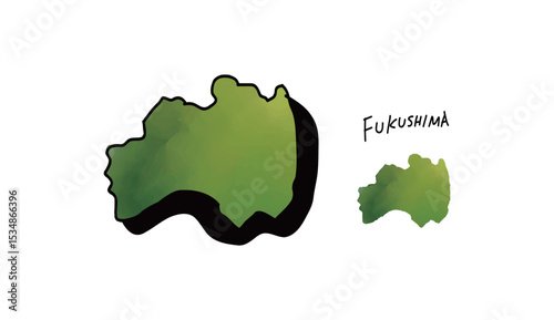 緑の水彩で塗られた福島県の地図の手書きベクターイラスト