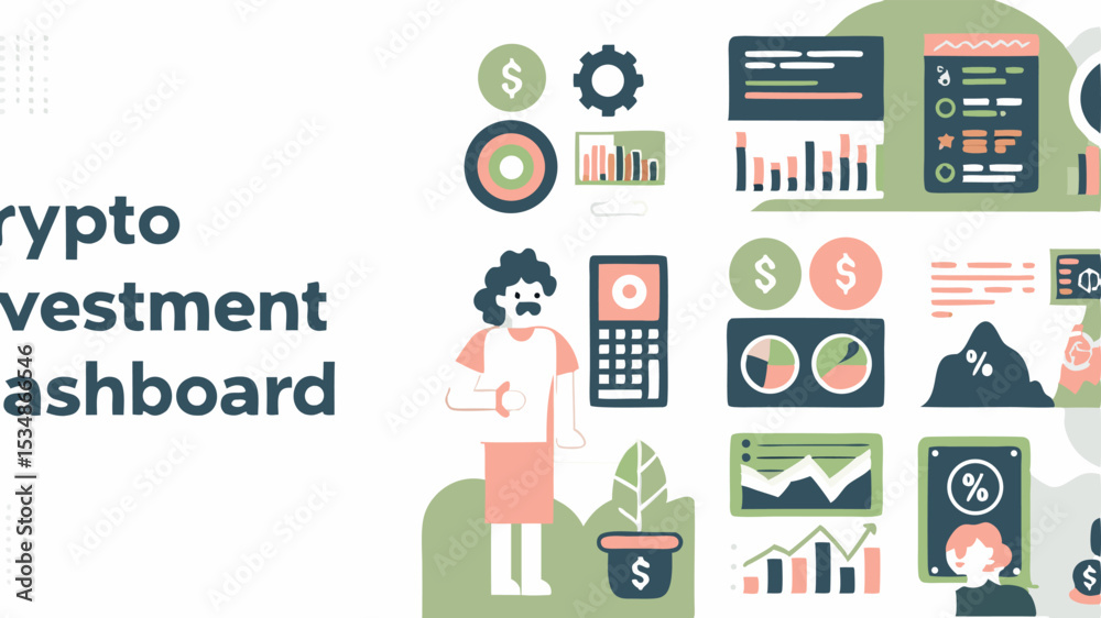 Naklejka premium Illustration of crypto investment dashboard with charts, graphs, and a person standing near a plant pot