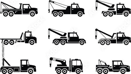 Collection of black and white tow truck illustrations showcasing different vehicle types