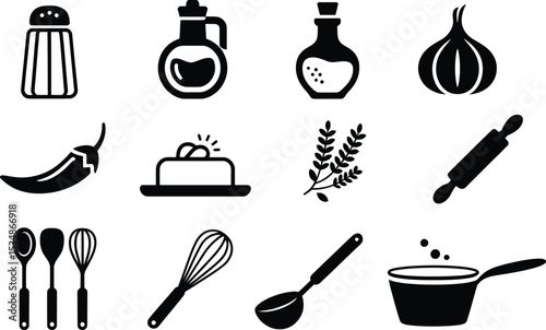 Elegant black and white kitchen icons representing culinary ingredients and cooking tools