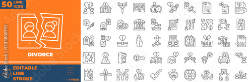 Divorce Line Editable Icons set. Vector illustration in modern thin line style of divorce icons: broken heart, court gavel, child, etc