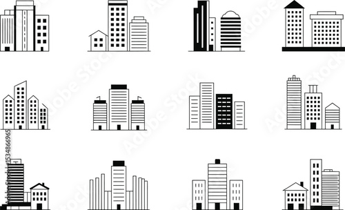 Vector illustration of modern city buildings and skyscrapers in simple black and white design