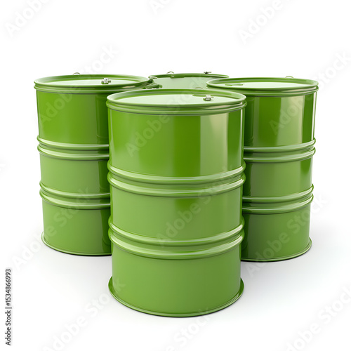Green biodiesel fuel barrels highlighting eco-friendly energy storage solutions, isolated on white background.