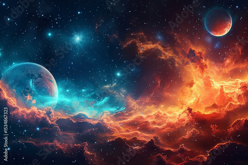 Planets in Outer Space with Cosmic Background and Copy Space