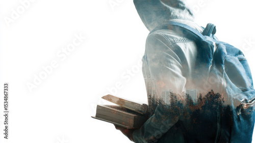 A student with a backpack carrying books, symbolizing education and learning. The image portrays the student's back, conveying a sense of anticipation and journey.