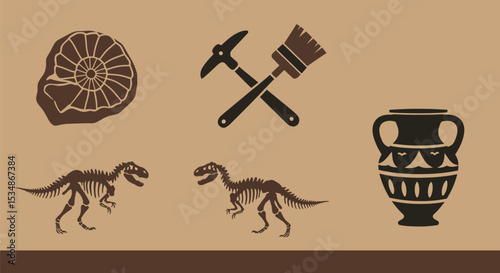 Exploring archeology paleontology tools fossils dinosaur skeletons and ancient artifacts vector art editable stock vector illustration
