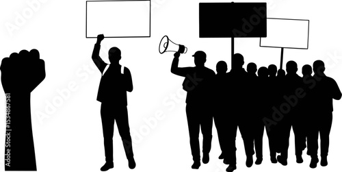 Protest march vector illustration with raised fist and crowd holding signs for demonstration and activism editable stock vector illustration
