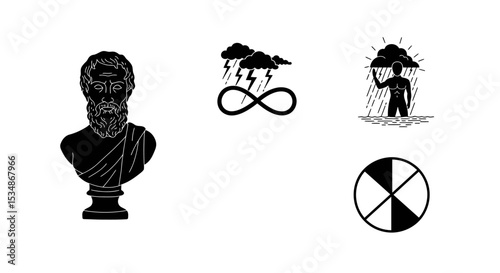 Stoicism philosophy art print: stoic symbols, bust, amor fati, philosophy, greek, ancient, black and white editable stock vector illustration