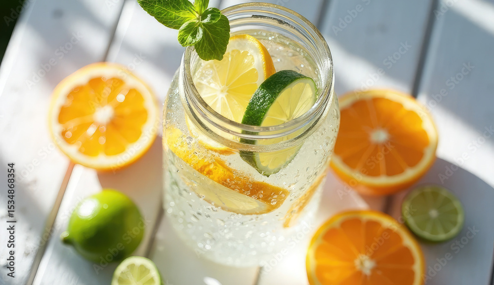 Refreshing Summer Drink with Citrus Fruits in a Glass Jar Refreshing Summer Drink with Citrus Fruits in a Glass Jar