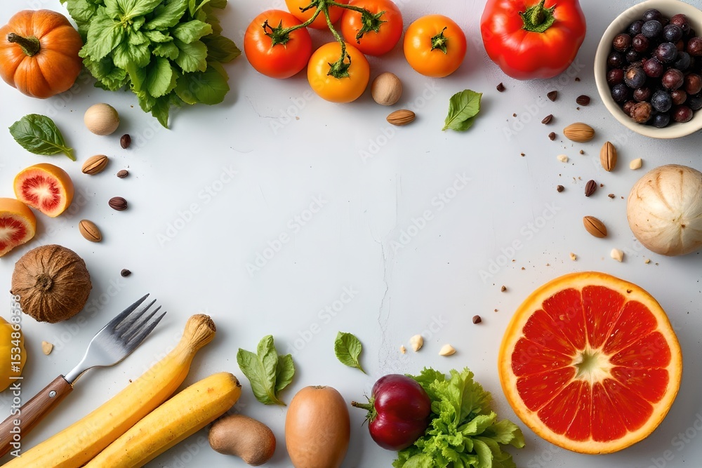 Fresh vegetable and fruit arrangement kitchen table food photography bright natural light overhead view healthy eating inspiration Fresh vegetable and fruit arrangement kitchen table food photography bright natural light overhead view healthy eating inspiration