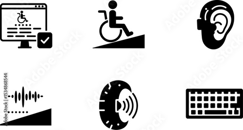 Accessibility inclusion disability access hearing aid keyboard wheelchair ramp technology website editable stock vector illustration
