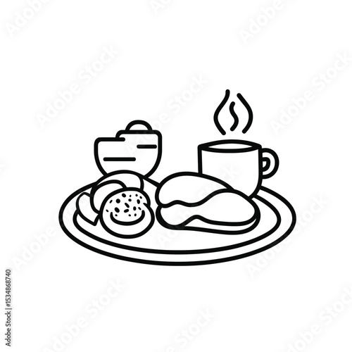 Monochrome Tray Illustration Coffee, Danish Pastry, and Small Bowl Breakfast Food Items