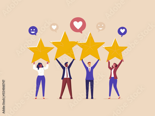 Customer satisfaction survey and feedback business team holding star rating excellent service and positive client experience concept illustration