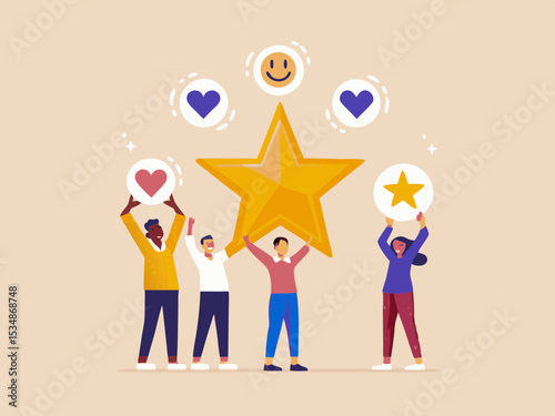 Teamwork and Positive Feedback People Holding Star and Social Media Icons Illustrating Success Support and Appreciation in a Collaborative Environment