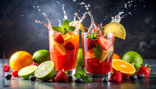 Two glasses of brightly colored fruit juice splashing vibrantly into a glass creating a refreshing moment
