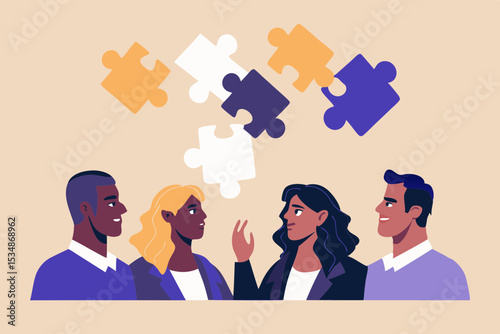 Diverse Team Collaboration with Puzzle Pieces Representing Solutions and Problem Solving in a Business Environment for Success and Innovation