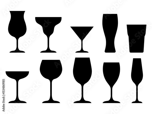 Water glass cup icon set. Glassware and Drinkware icons of beer, wine, alcohol, brandy, martini, champagne, milk, Cocktail, glasses royalty, Vector illustration isolated on transparent background.