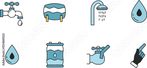 Water conservation and usage icons vector set tap shower barrel drop hand faucet resource management 100 editable stock vector illustration