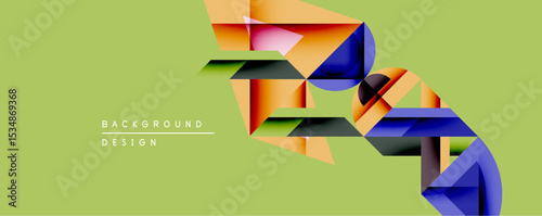 Abstract geometric composition. Overlapping shapes create dynamic visual flow. Warm, cool colors contrast against muted green backdrop. Modern design element.